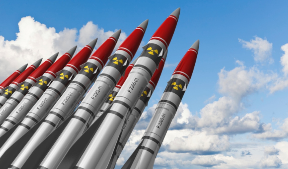 Nuclear missiles against blue sky